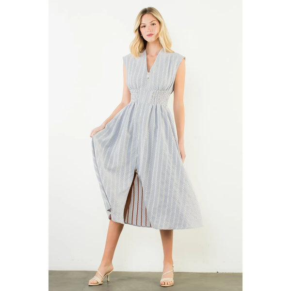 Blue Sleeveless Striped Pattern V-Neck Dress