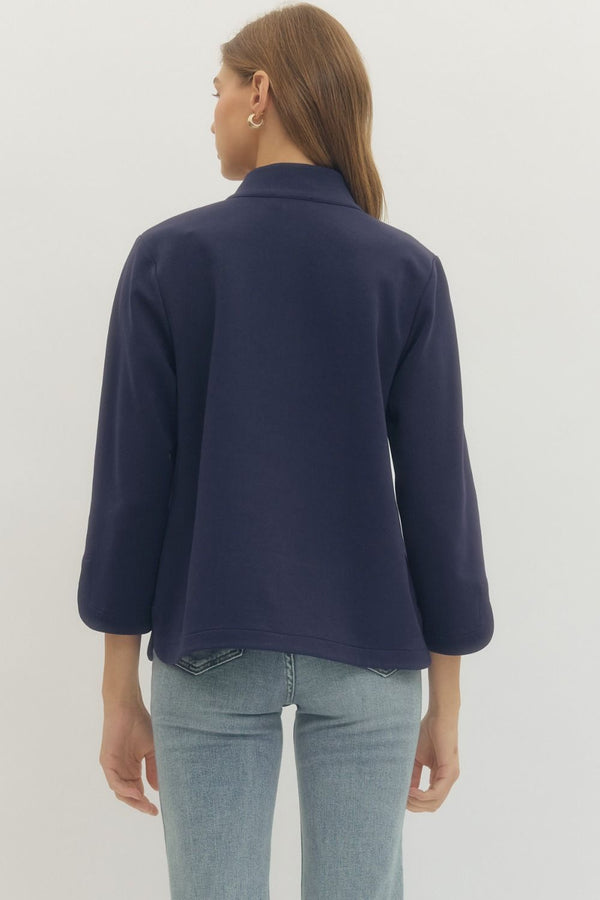 Navy Solid Split Neck 3/4 Sleeve Top