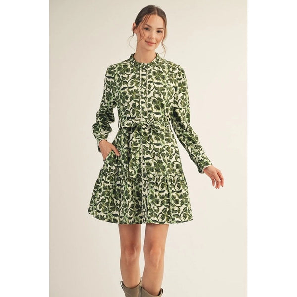 Olive Lace Trim Button Down Floral Dress