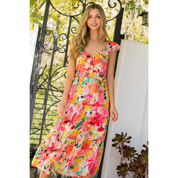 Pink Floral Ruffle Tiered Maxi Dress