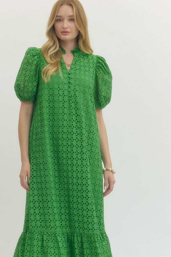 Green Eyelet Puff Sleeve Midi Dress