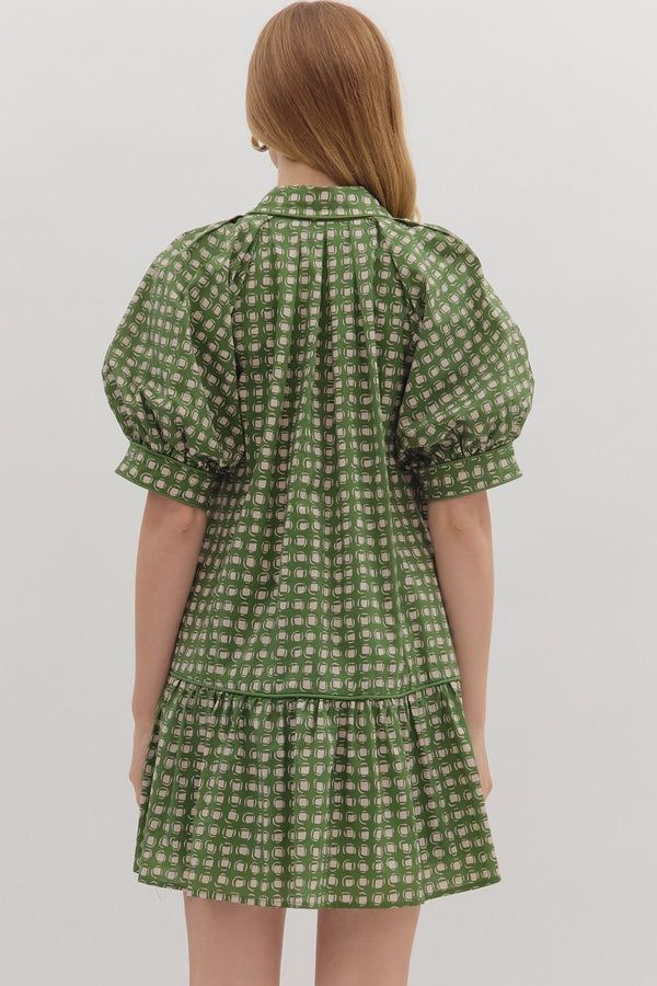 Olive Geometric Print Short Puff Sleeve Mini Dress