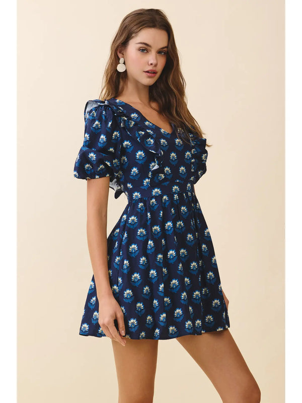 Navy Floral Print V Neck Cascading Ruffle Detail Dress