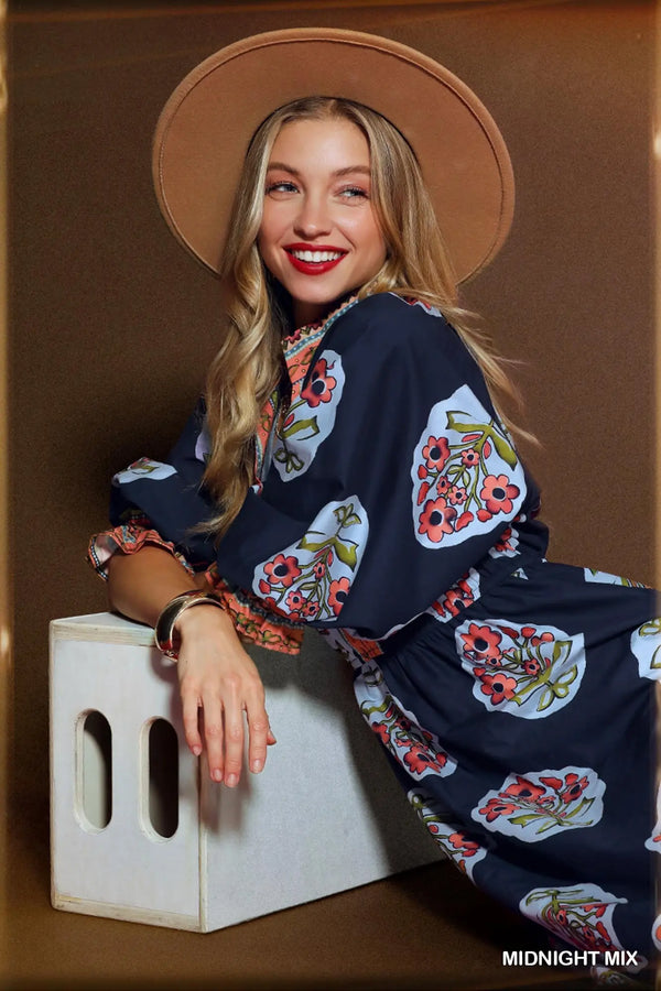 Midnight Flower Patch Boarder Print V-Neck Midi Dress