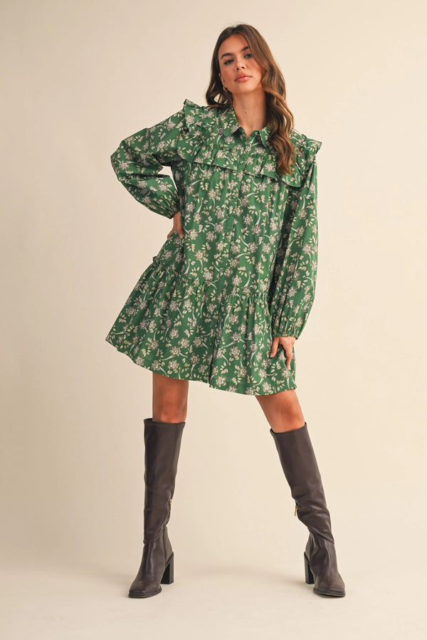 Deep Green Ruffle Trim Button Down Mini Dress