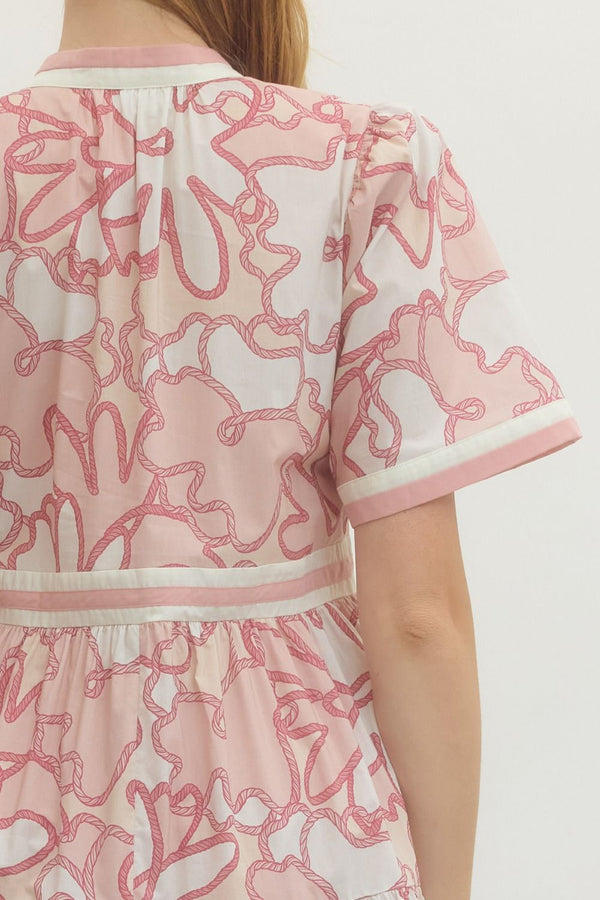 Pink Printed Short Sleeve Midi Dress w V-neck