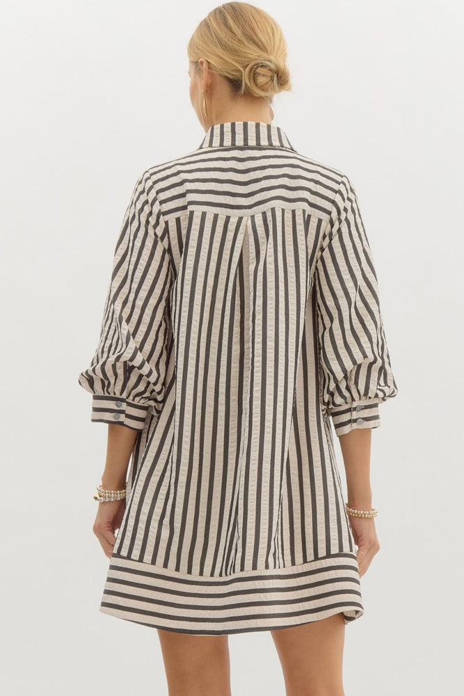 Striped Seersucker Mini Dress - Black/Cream