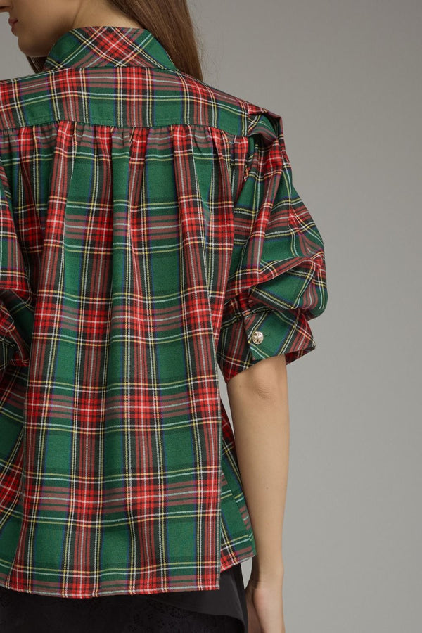 Green Plaid Short Puff Sleeve Top featuring Button Cuffs