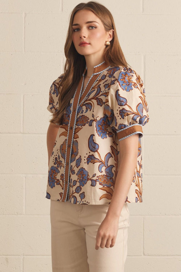 Ecru & Floral Print Puff Sleeve Top featuring Contrast Binding