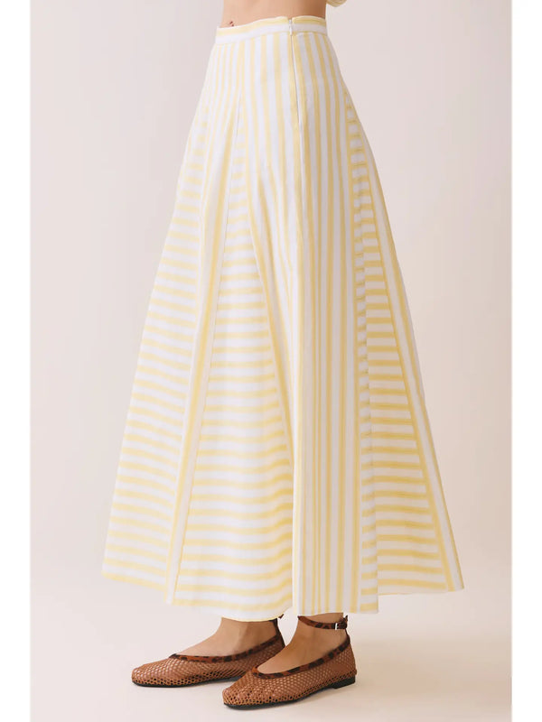 Yellow Striped Paneled Construction A Line Midi Skirt