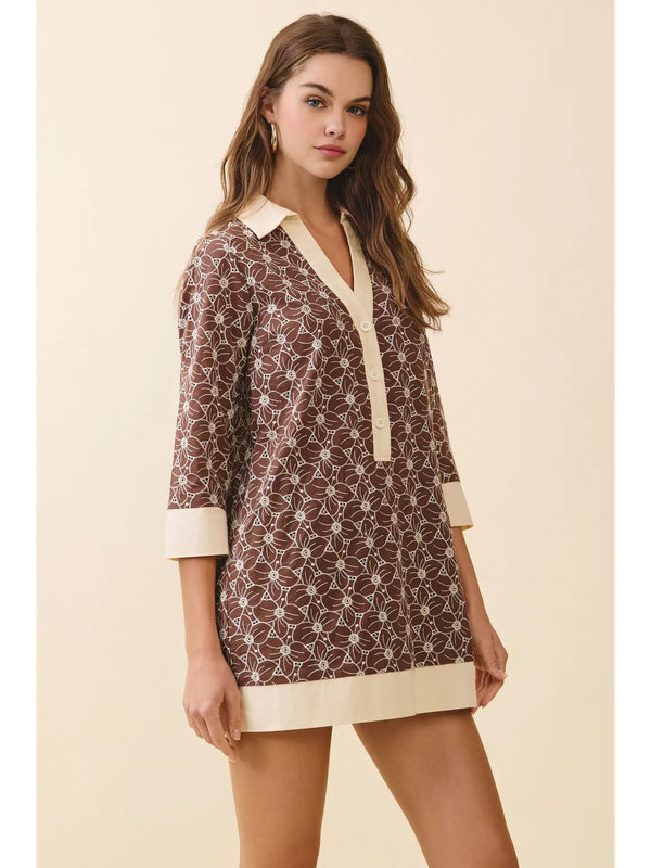Brown Floral Print Contrast Collar and Hem Tunic Dress