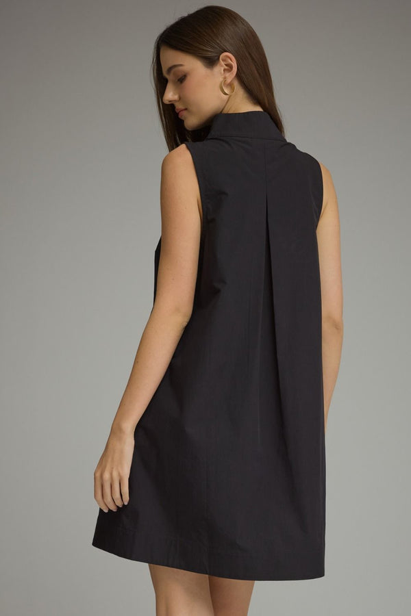 Black Solid Sleeveless Mini Dress w Back Pleat Detail
