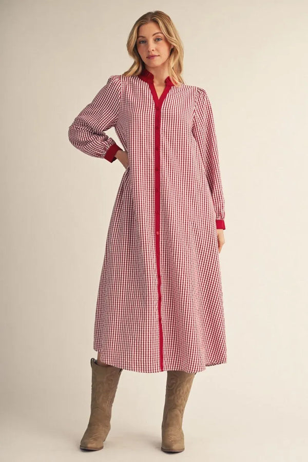 Red Gingham Check Long Sleeves Button Down Midi Dress
