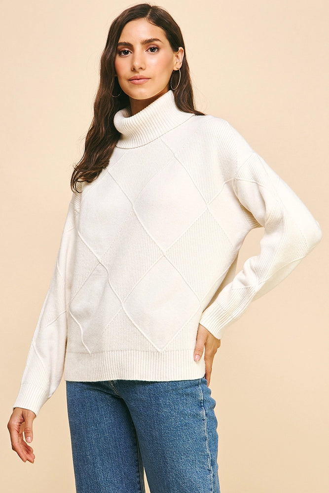 Argyle Pattern Turtle Neck Sweater - Ivory