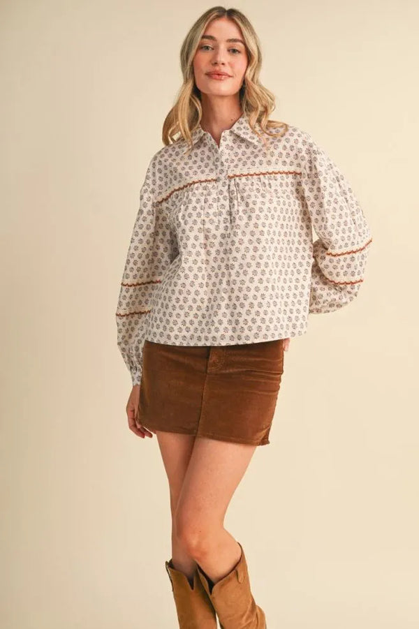 Cream Floral Lace Trim Button Up Top w Long Puff Sleeves