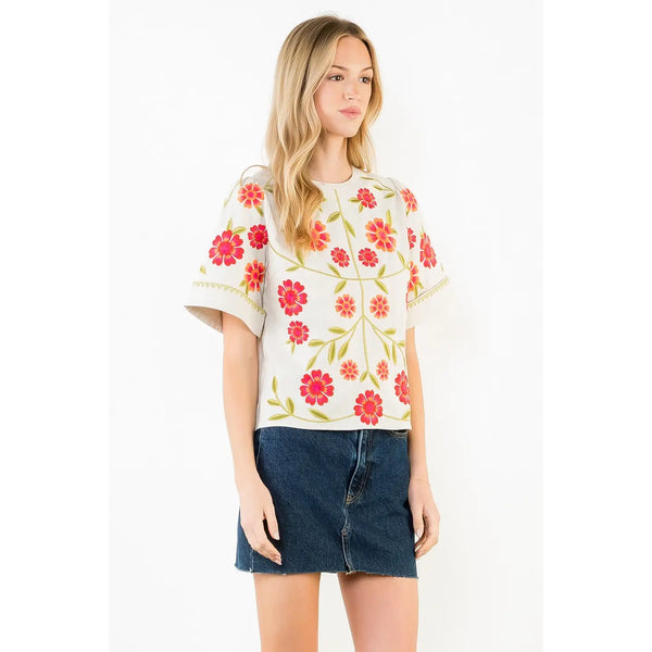 Short Sleeve Floral Embroidery Detail Top Beige