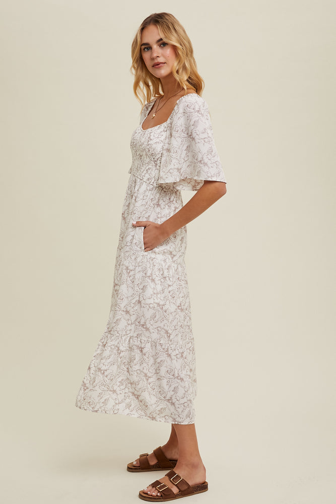 Floral Flutter Sleeve Midi Dress Cream