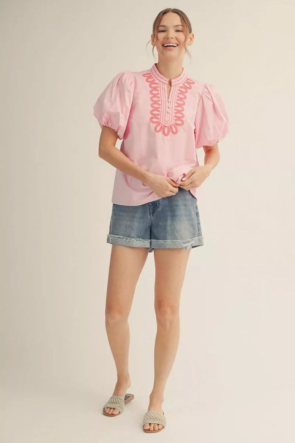 Pink Short Puff Sleeves w Embroidery Detail