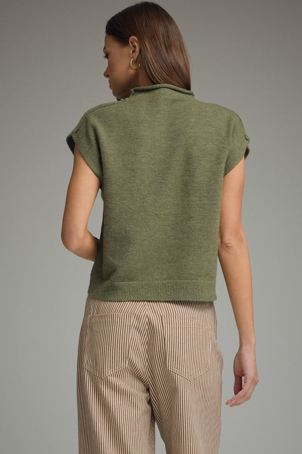 Olive Cap Sleeve Top w Rolled Mock Neck