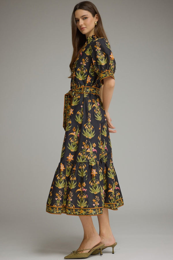 Black Floral Print Short Puff Sleeve Midi Dress
