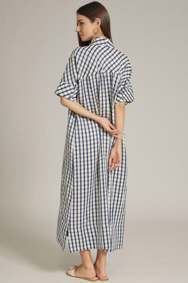 Navy Gingham Short Sleeve Midi Dress Featuring Shirt Collar
