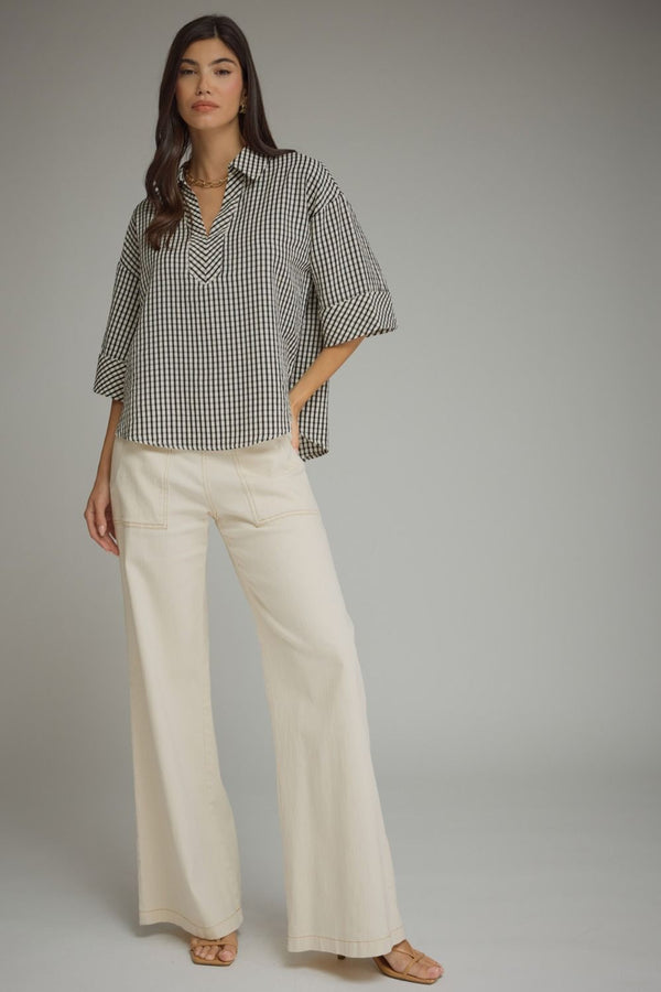 Black Gingham 3/4 Button Cuff Sleeve Top w V-neck Collar