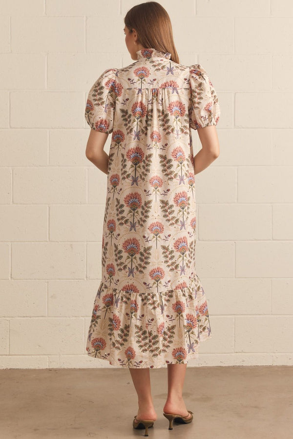 Eyelet Floral Print Puff Sleeve Midi Dress Featuring Ruffle Neck Detail