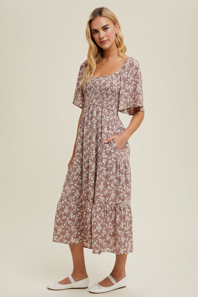 Red Bean Floral Tiered Midi Dress