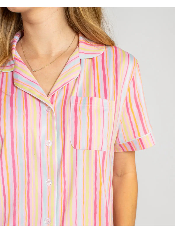 Addie Stripe Short Sleeve Button Up Sleep Shirt Pink/Multi