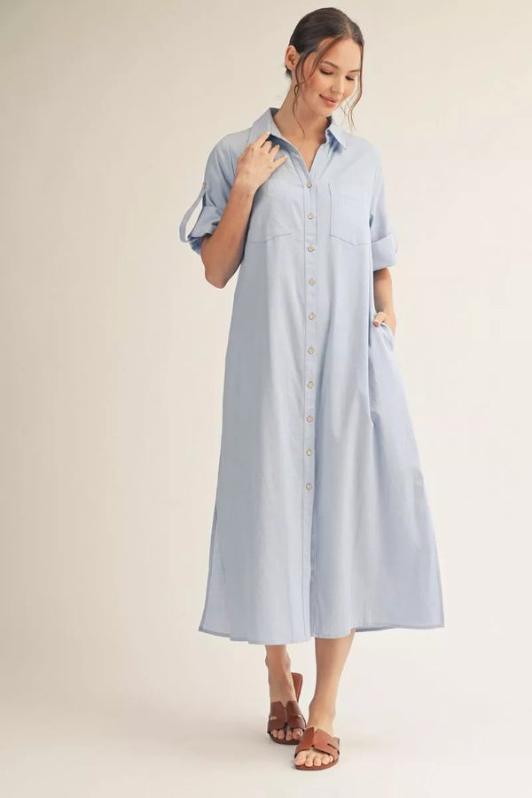 Roll Up Blue Sleeves Button Down Dress