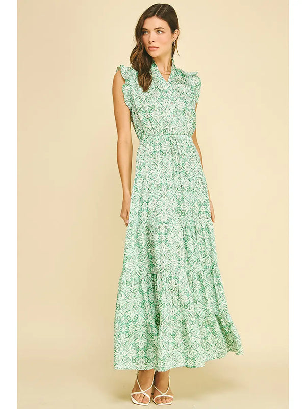 Mint Floral Print Tiered Maxi Dress