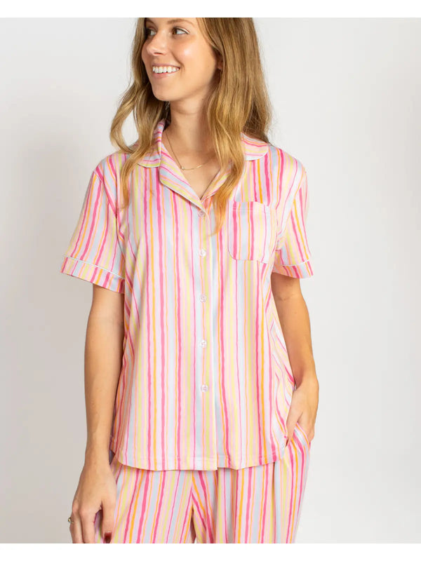 Addie Stripe Short Sleeve Button Up Sleep Shirt Pink/Multi