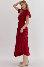 Burgundy V- Neck Midi Dress