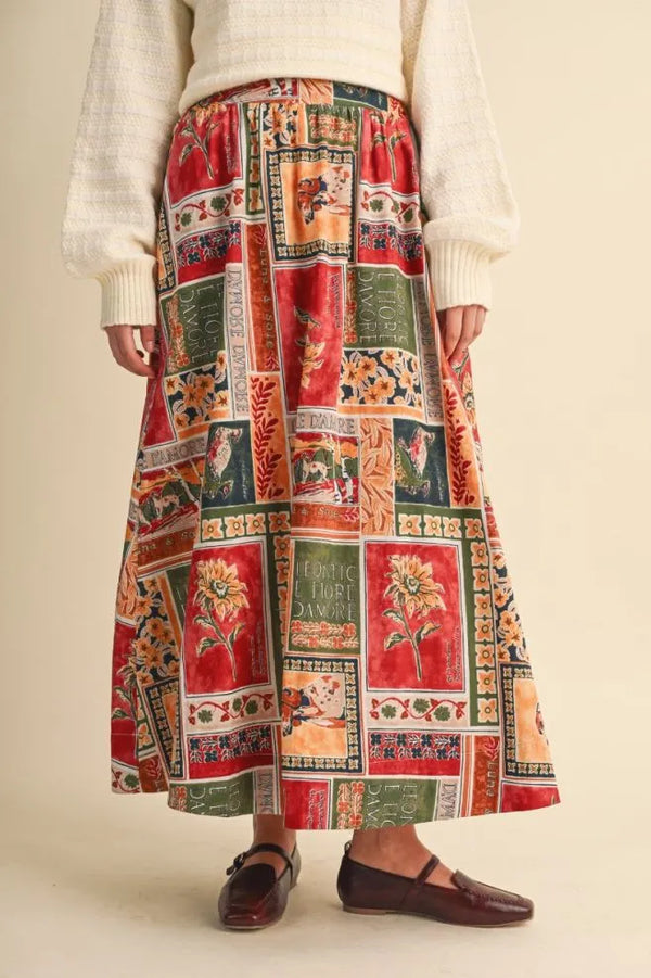 Amber Multi Patch Print A-line Midi Skirt