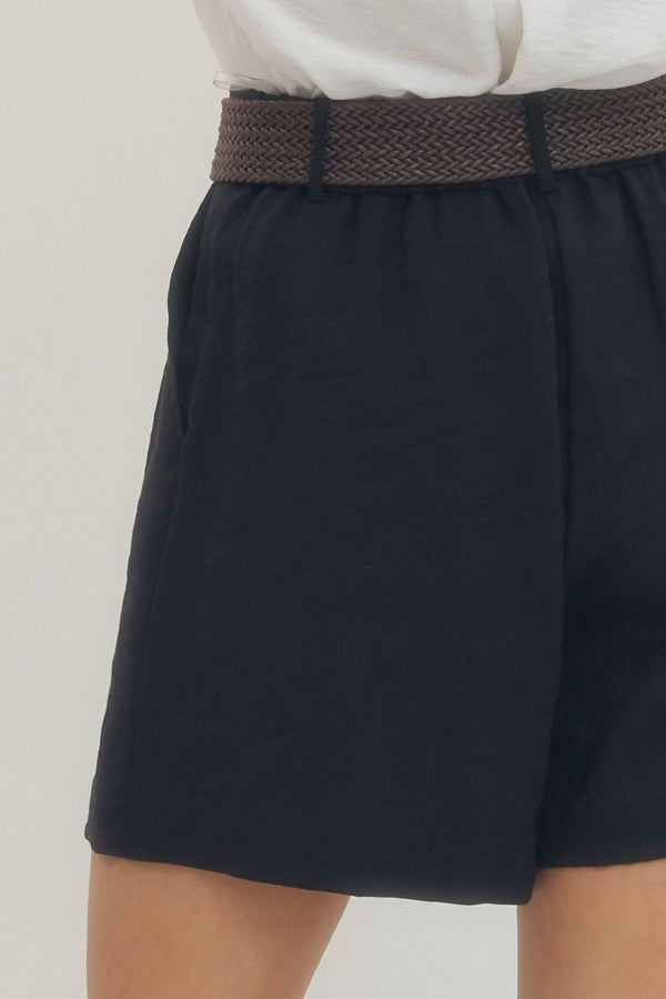 Solid Black Front Shorts w Belt