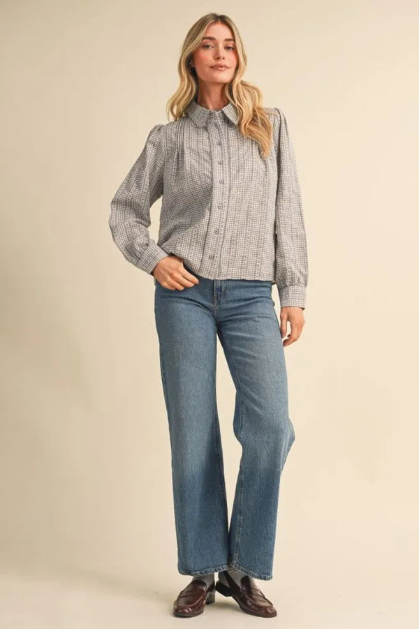 Grey Gingham Embroidered Trim Button Up Top