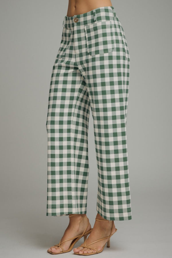 Green Gingham Wide Leg Pants Featuring Front Patch Pockets