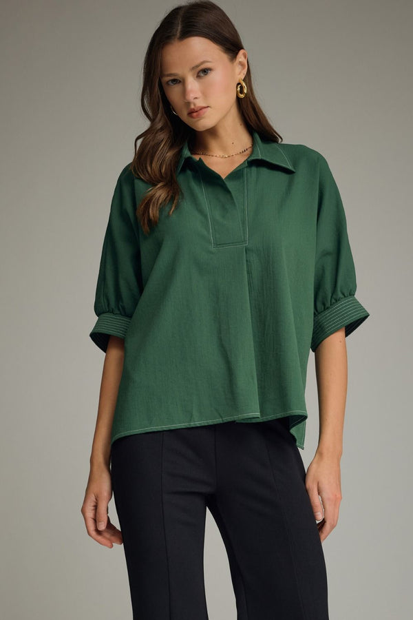 Green Short Sleeve Top w Split V-Neck & Contrast Stitch detail