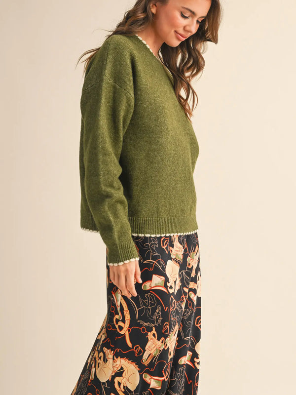 Olive Contrast Knit Scalloped Edge Sweater