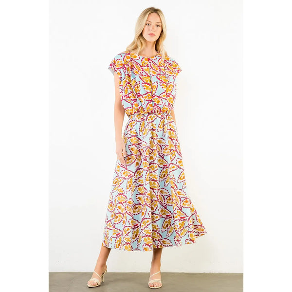 Sleeveless Blue Pattern Top with Button Back