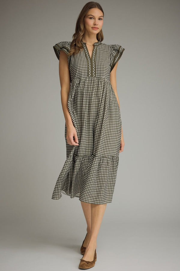 Olive Gingham Ruffle Cap Sleeve Midi Dress