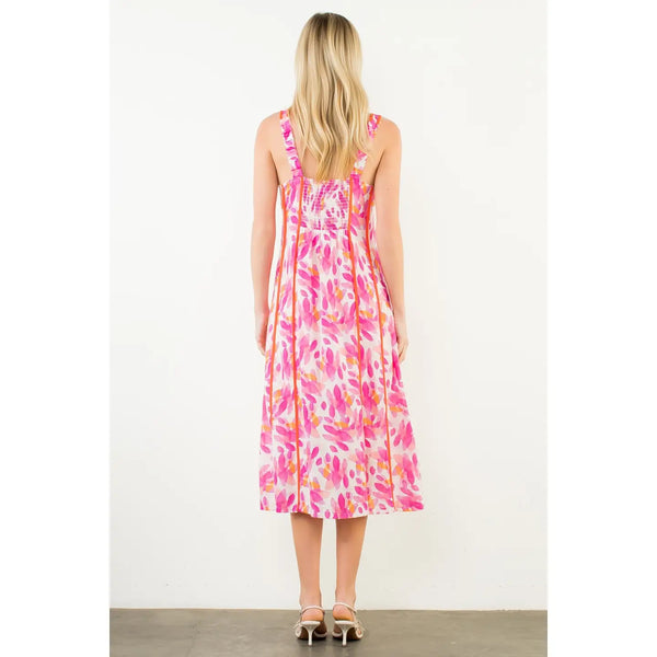 Fuschia Thin Strap Leaf-Like Pattern Dress
