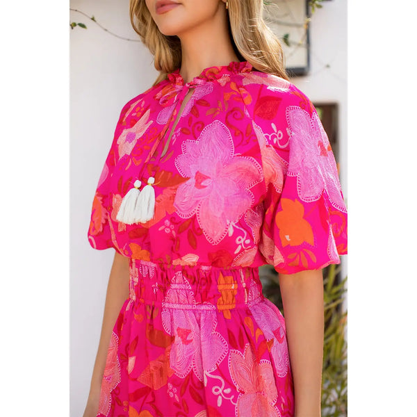 Floral Puff Sleeve Tiered Maxi Dress Pink