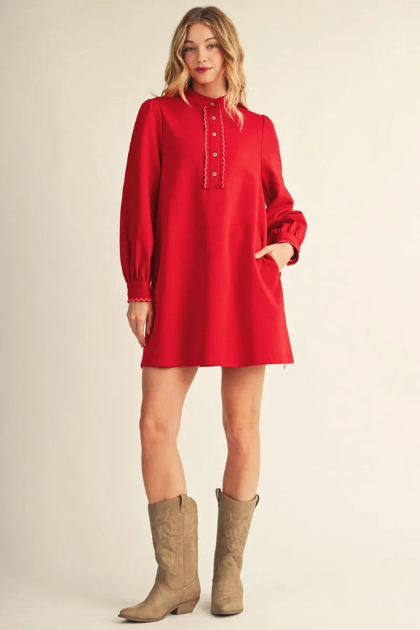 Red Long Sleeves Lovely Solid Dress w Edge Accent