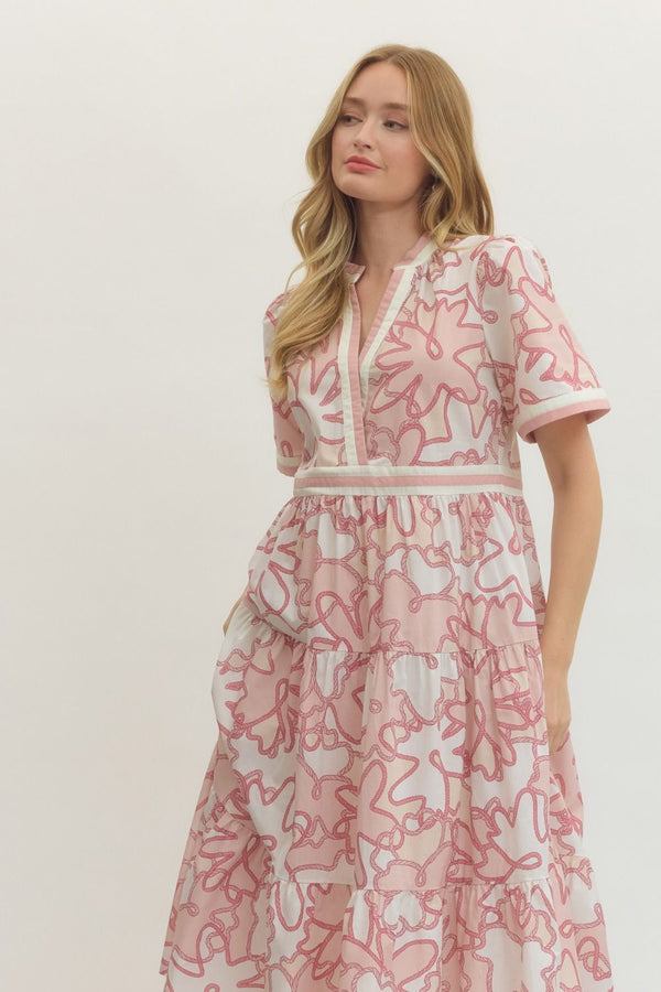 Pink Printed Short Sleeve Midi Dress w V-neck