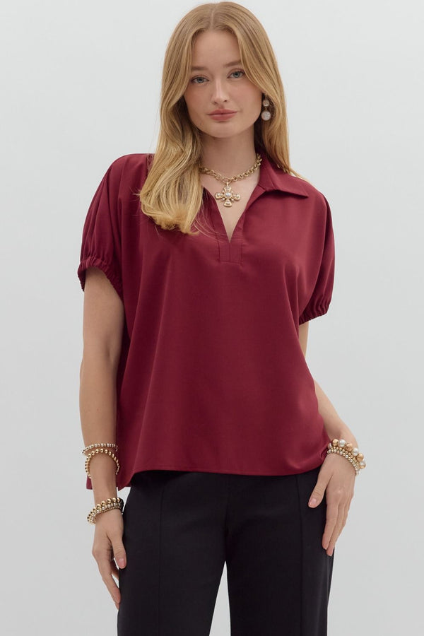 Solid Burgundy Short Sleeve Split Collar