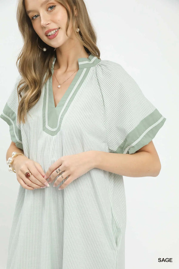 Sage Striped Mixed V-Neck Midi Dress