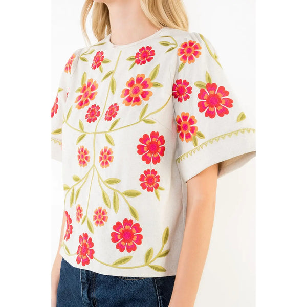 Short Sleeve Floral Embroidery Detail Top Beige