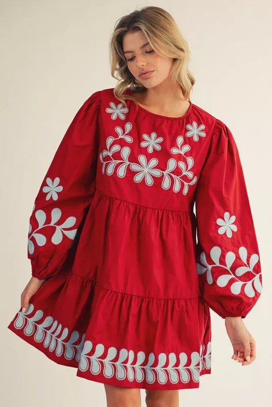 Wine and Light Blue Puff Sleeve Embroidery Dress