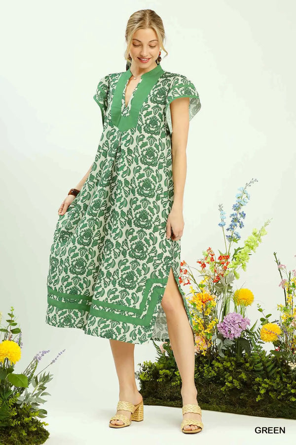 Green Abstract Two Tone Print Midi Dress